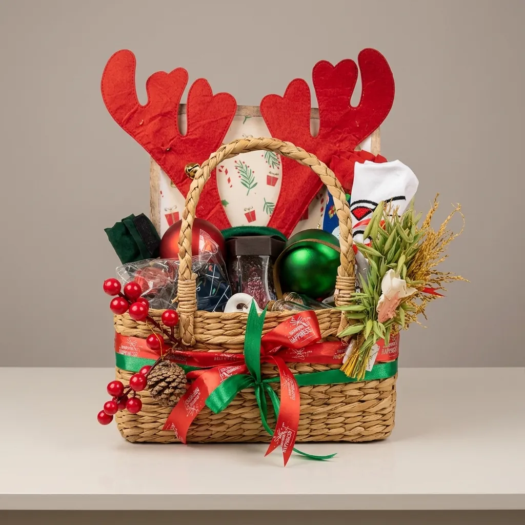 Christmas hamper basket with festive decor and holiday gifts