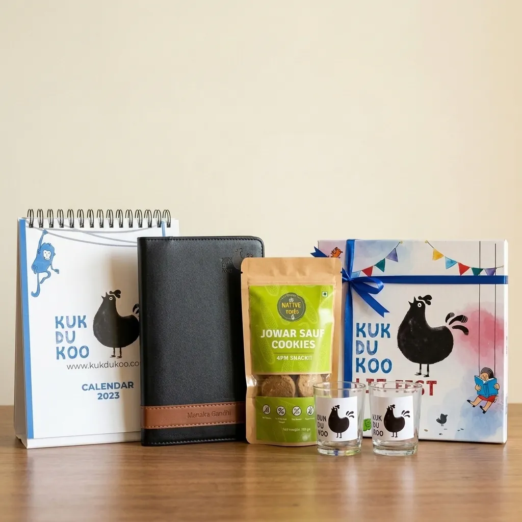 Branded client gift set with calendar notebook cookies and glassware