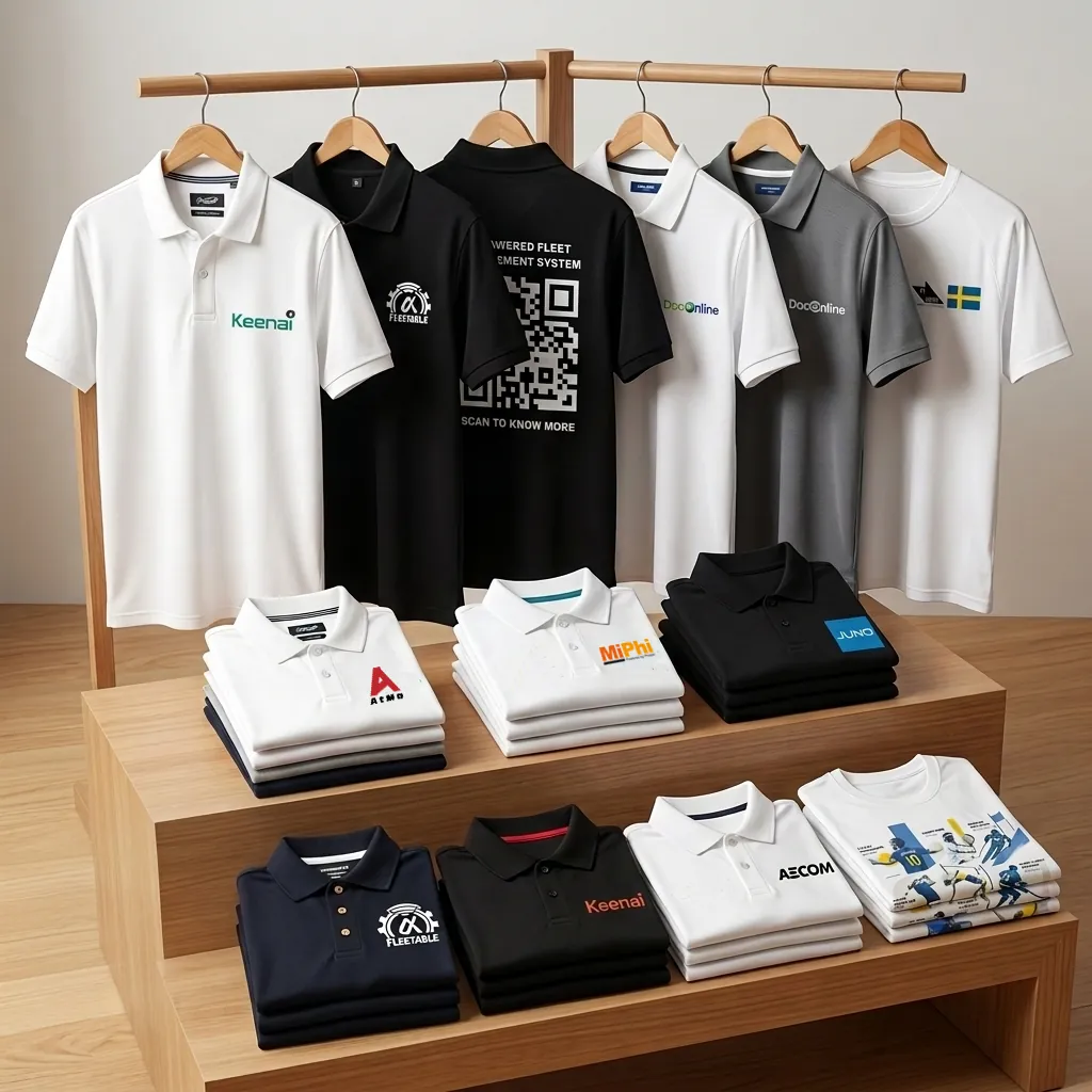Custom logo printed and embroidered corporate T-shirts and polo shirts