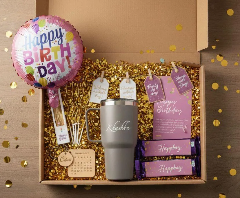 Employee birthday gift box with balloon, tumbler, chocolates and personalised message
