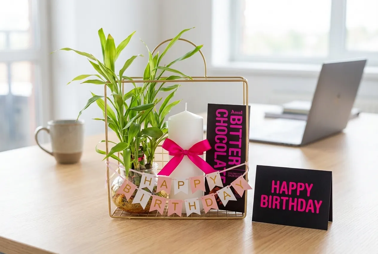 Curated employee birthday gift with plant, candle, chocolate and birthday card