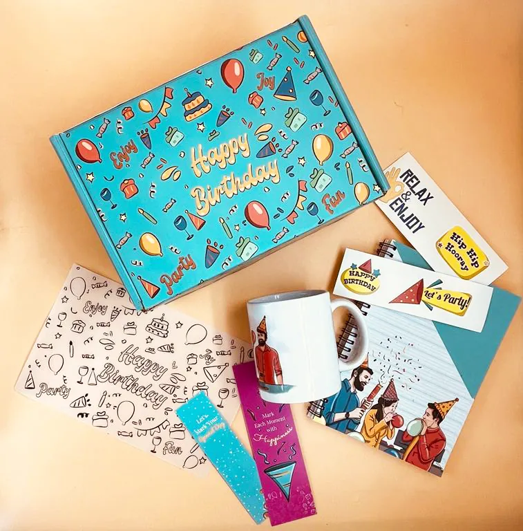Colourful custom employee birthday gift box with mug and personalised stationery