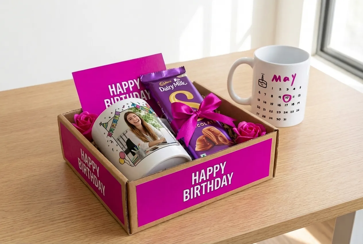 Personalised employee birthday hamper with custom mug, chocolates and birthday card