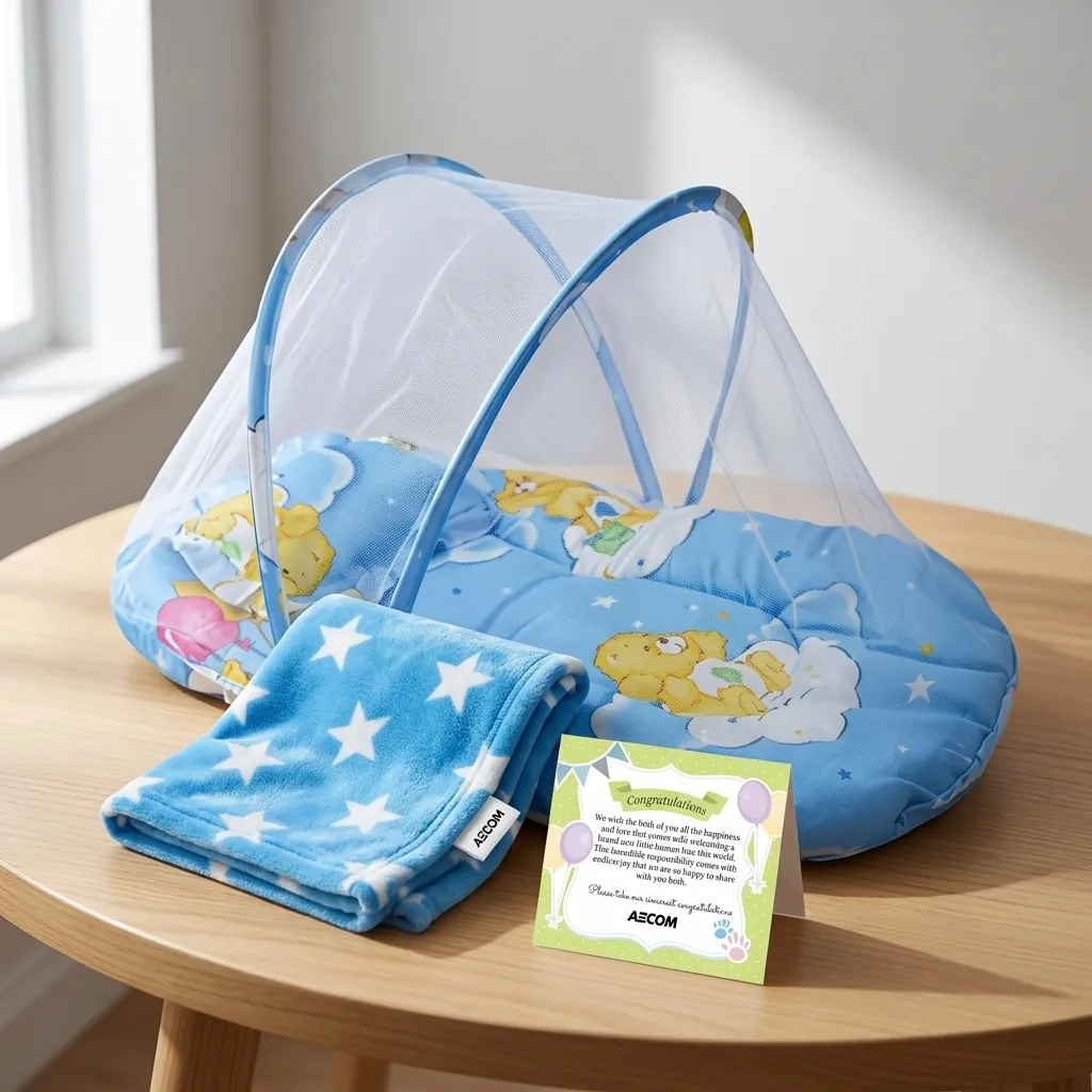 AECOM maternity gift with baby bed and blanket