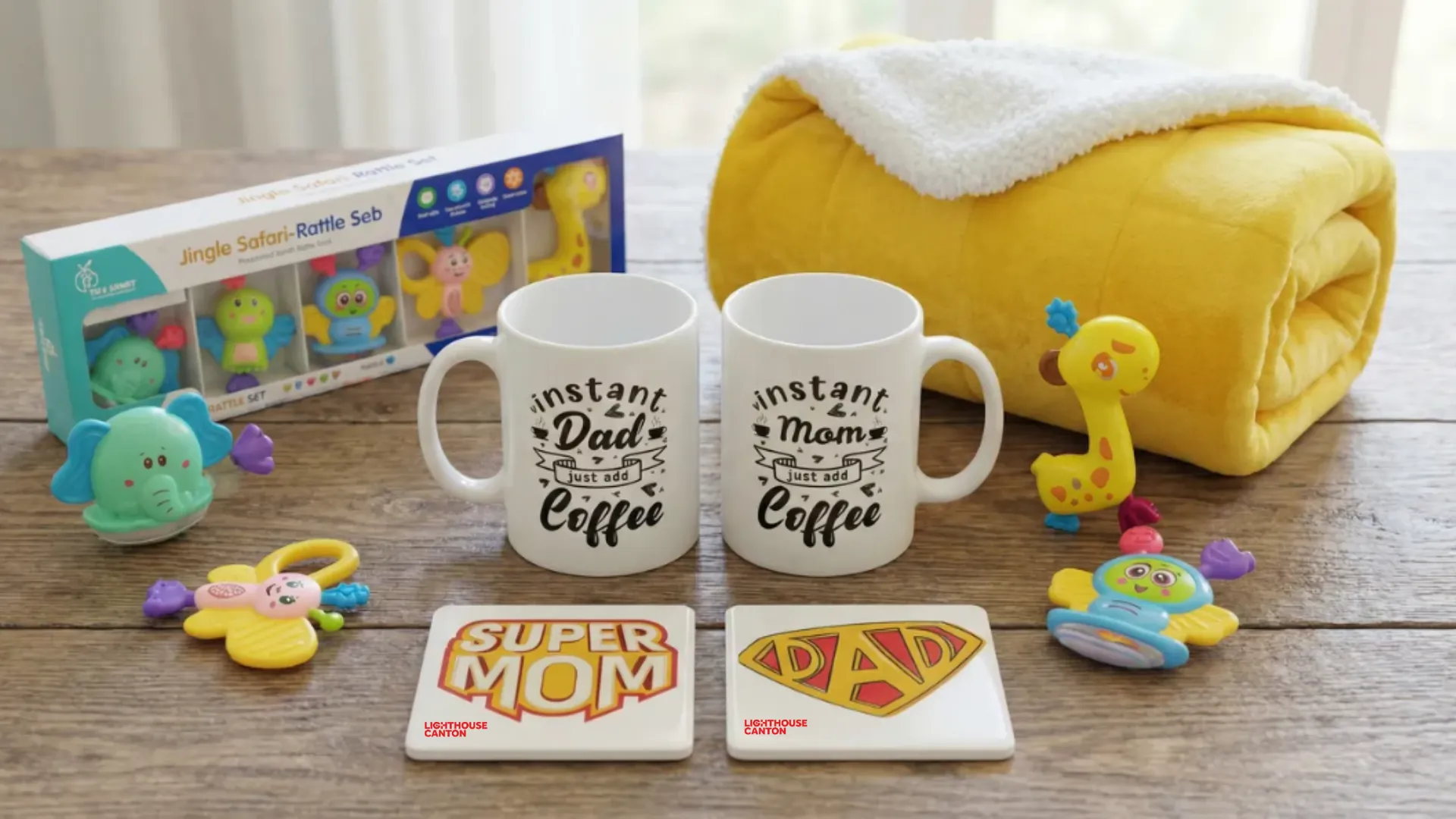 New parent hamper with mugs toys blanket and coasters