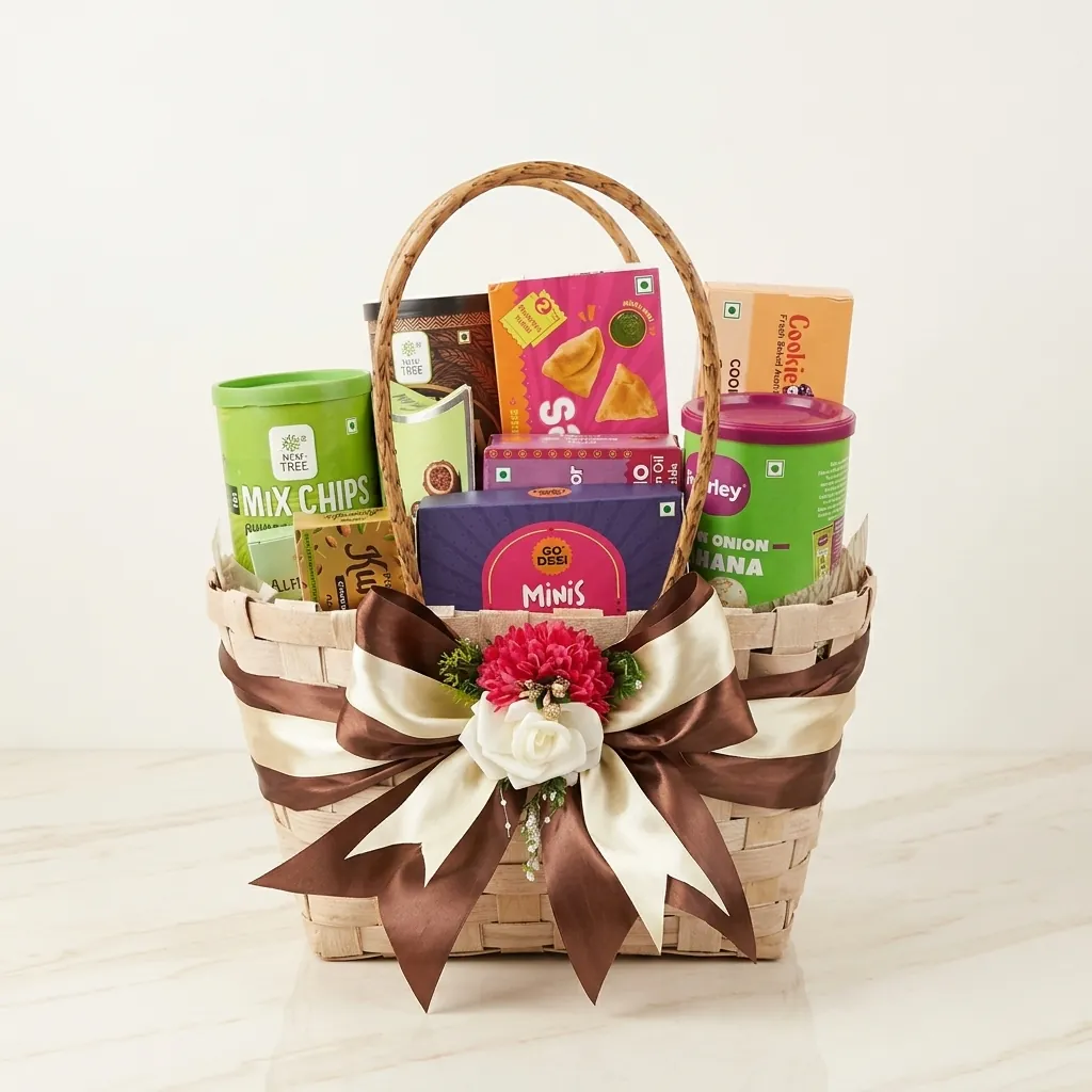 Thoughtful gifting hamper basket with food products